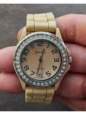 Geneva Platinum Beige Dial Rhinestones Bezel  Beige Silicone Watch